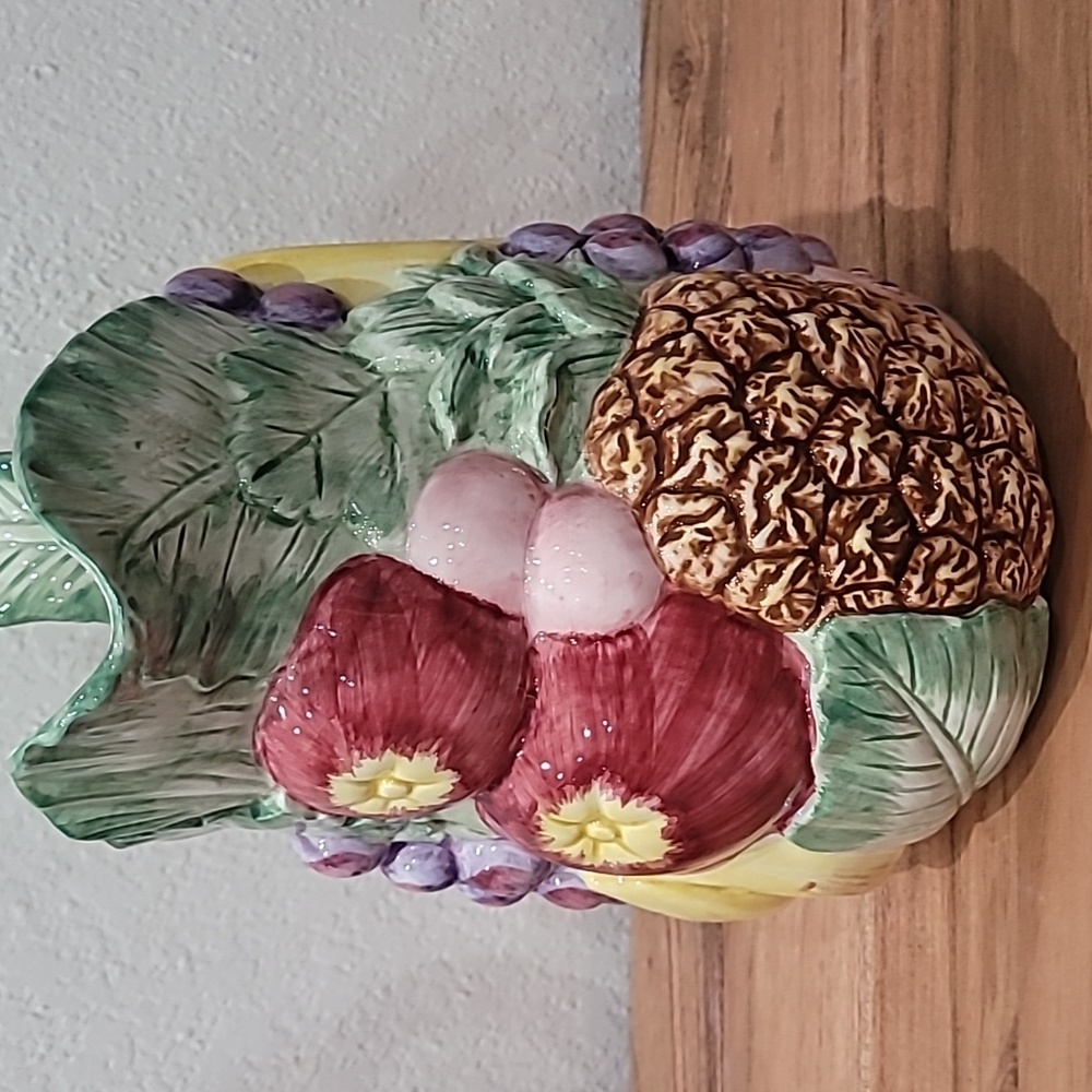 Fitz and Floyd Ceramic Pitcher with Yellow and Purple Fruit Design - Picture 2 of 5